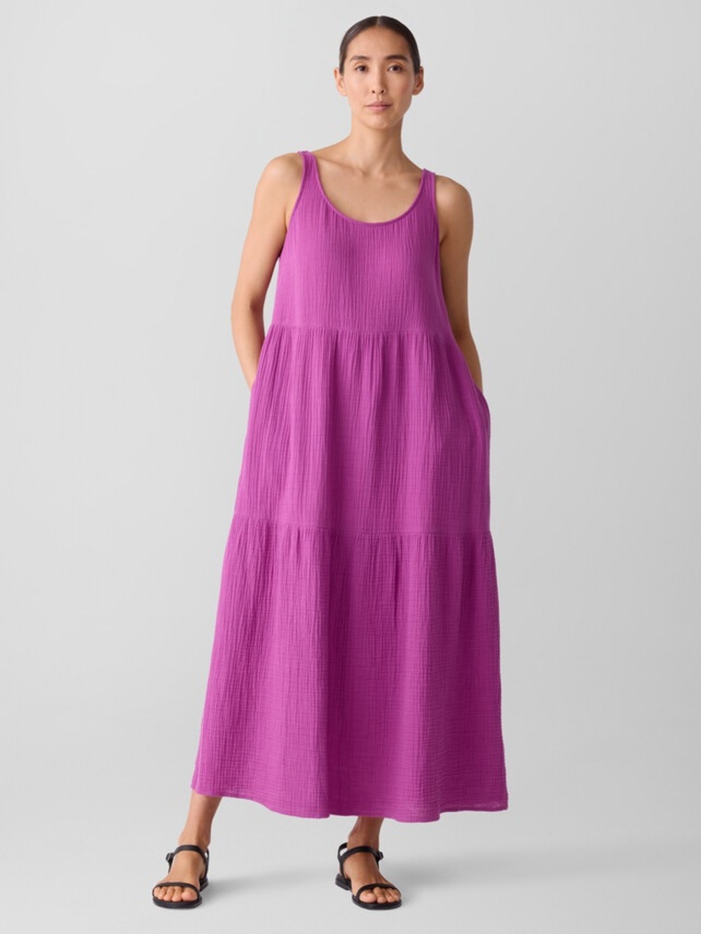Eileen Fisher Sleeveless Tiered Maxi Dress in Vibrant Grape Color Size Large